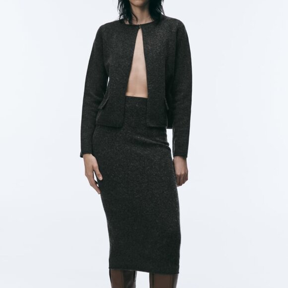 NWT DARK GRAY 100% WOOL SKIRT SET, CARDIGAN AND PENCIL MIDI SKIRT